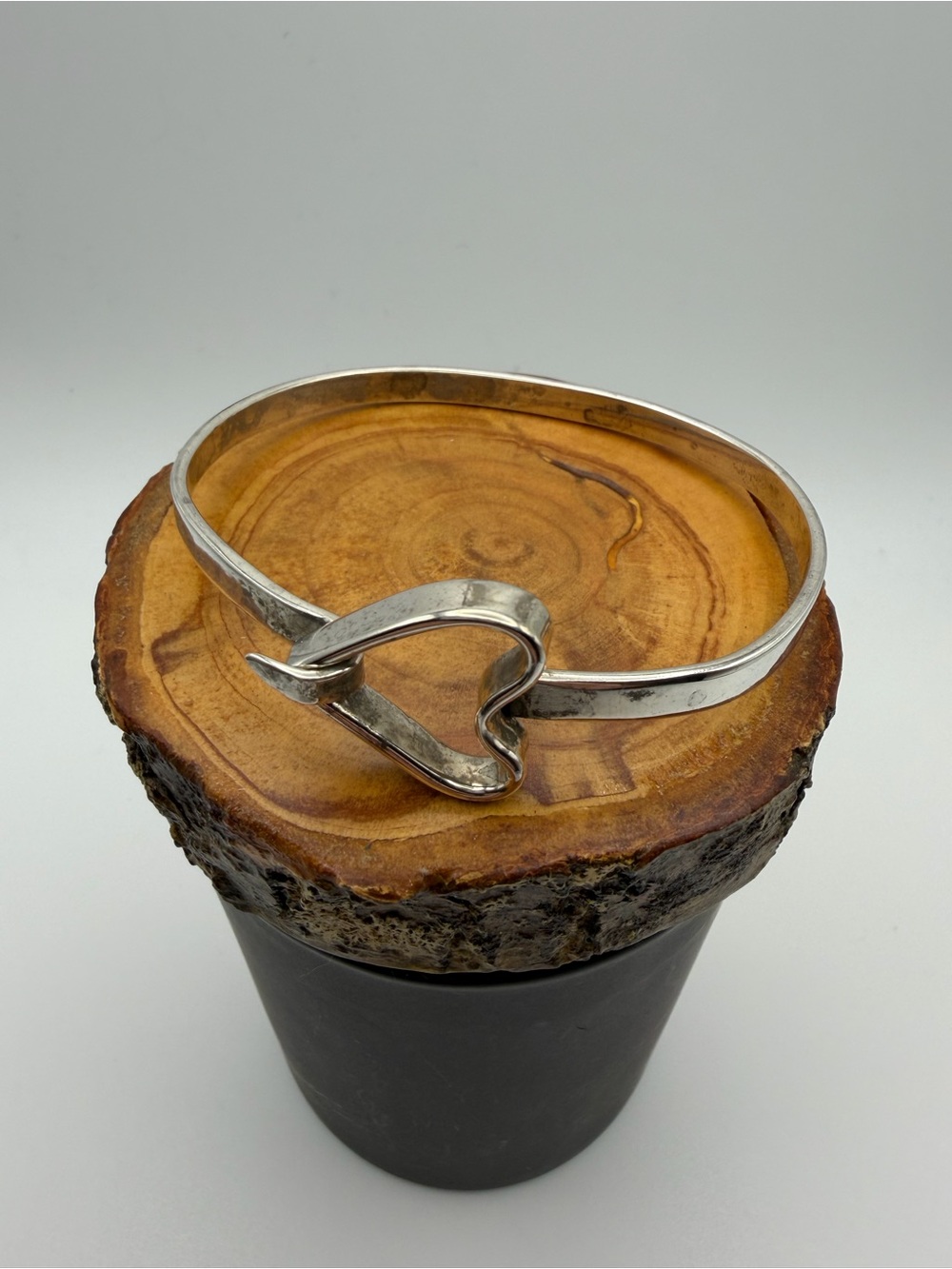 Sterling Silver Heart Hook Bangle Bracelet - Mexico- 16.9g
